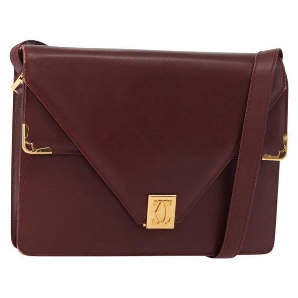 CARTIER Must Line Shoulder Bag Leather Bordeaux Gold Auth BA7524