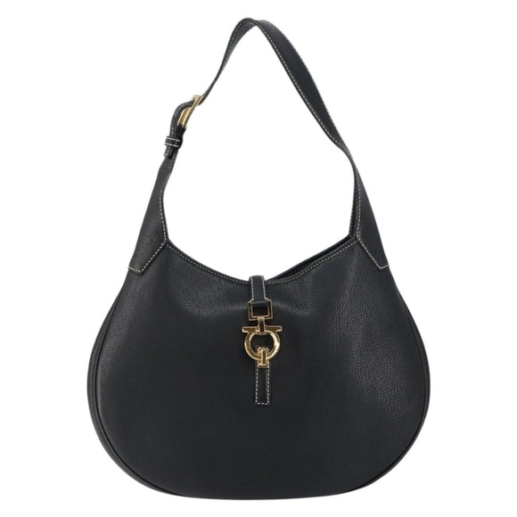 Salvatore Ferragamo Gancini Shoulder Bag Leather Black Gold Auth BA7529
