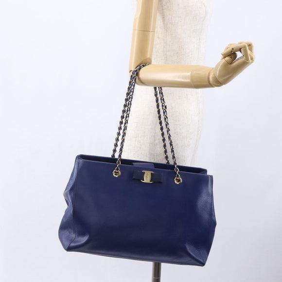 Salvatore Ferragamo Vala Chain Tote Bag Leather Blue Gold Auth BA7531