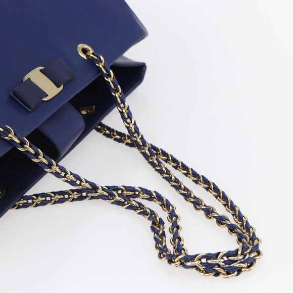 Salvatore Ferragamo Vala Chain Tote Bag Leather Blue Gold Auth BA7531