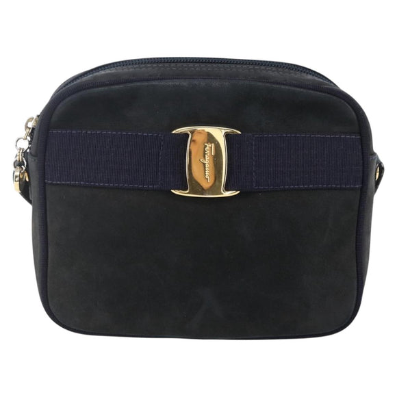 Salvatore Ferragamo Vala Shoulder Bag Suede Navy Gold Auth BA7534