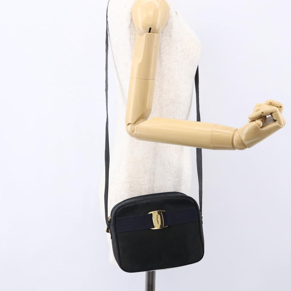 Salvatore Ferragamo Vala Shoulder Bag Suede Navy Gold Auth BA7534