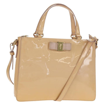 Salvatore Ferragamo Hand Bag Enamel 2way Beige Gold Auth BA7537