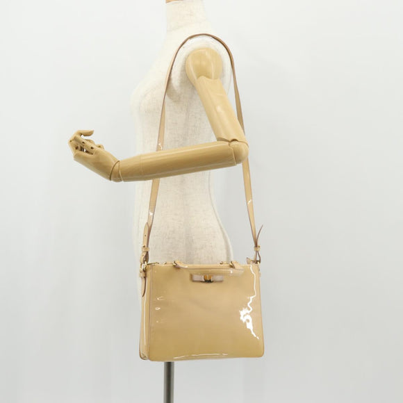 Salvatore Ferragamo Hand Bag Enamel 2way Beige Gold Auth BA7537