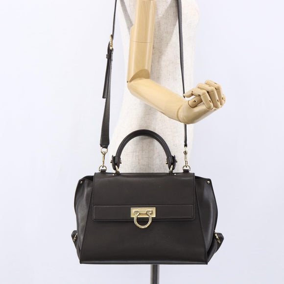Salvatore Ferragamo Gancini Sophia Bag Leather 2way Dark Brown Gold Auth BA7538