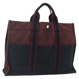 HERMES Fourre Tout MM Hand Bag Canvas Bordeaux Black Auth BA7546