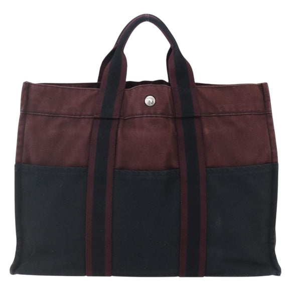 HERMES Fourre Tout MM Hand Bag Canvas Bordeaux Black Auth BA7546