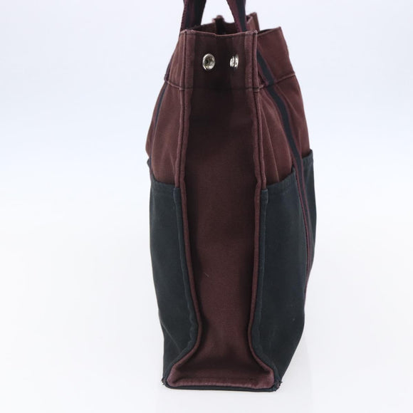 HERMES Fourre Tout MM Hand Bag Canvas Bordeaux Black Auth BA7546
