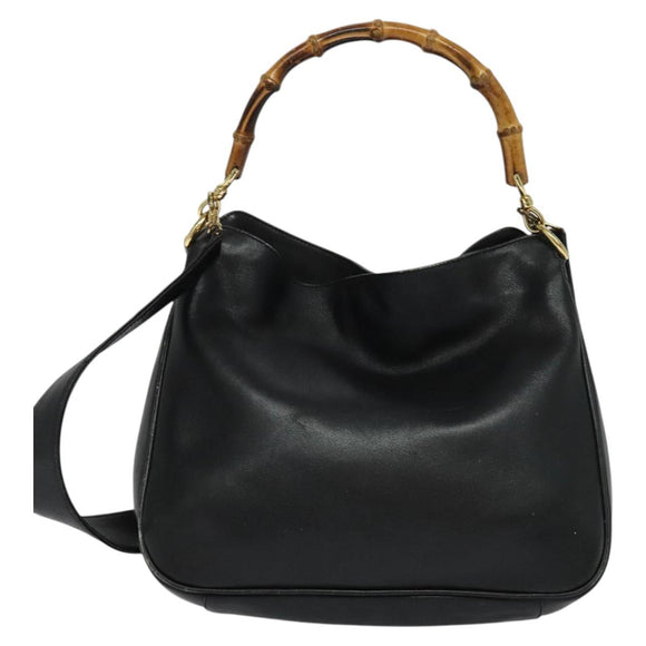 GUCCI Bamboo Hand Bag Leather 2way Black Gold 001 3444 1638 Auth BA755