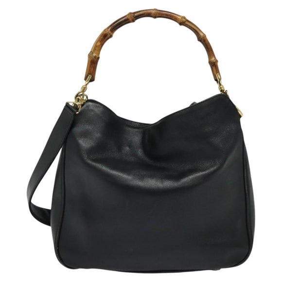 GUCCI Bamboo Hand Bag Leather 2way Black Gold 001 3444 1638 Auth BA755