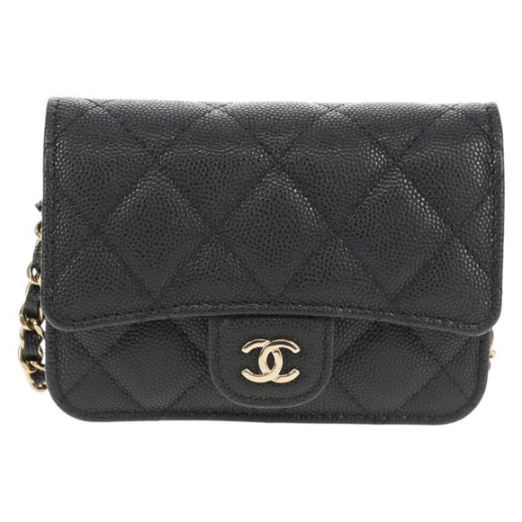 CHANEL Matelasse Chain Shoulder Bag Caviar Skin Black Gold CC Auth BA7560M