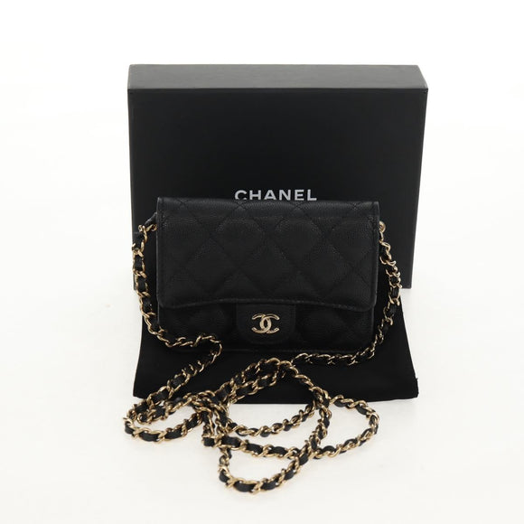 CHANEL Matelasse Chain Shoulder Bag Caviar Skin Black Gold CC Auth BA7560M