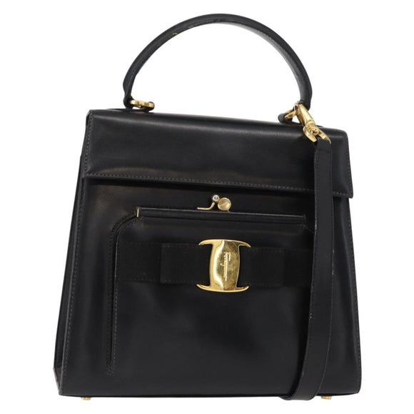Salvatore Ferragamo Vala Hand Bag Leather 2way Black Gold Auth BA7663