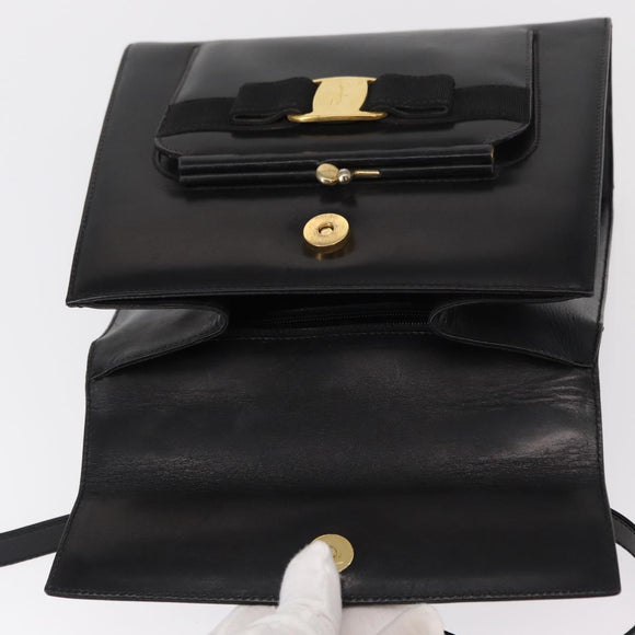 Salvatore Ferragamo Vala Hand Bag Leather 2way Black Gold Auth BA7663