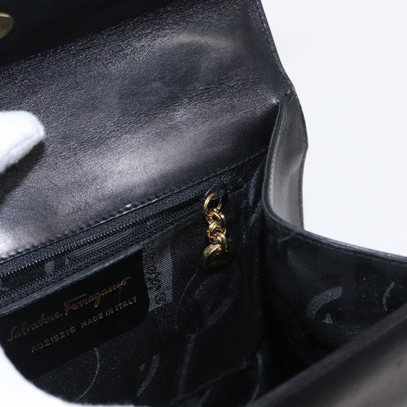 Salvatore Ferragamo Vala Hand Bag Leather 2way Black Gold Auth BA7663