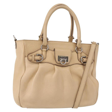 Salvatore Ferragamo Hand Bag Leather 2way Beige Silver Auth BA7666