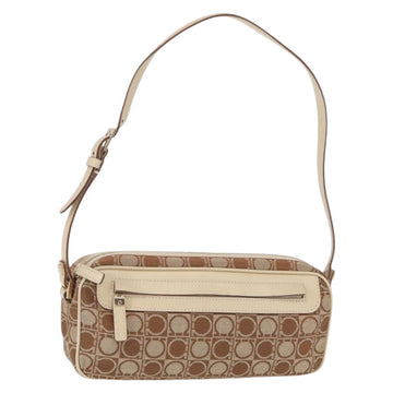 Salvatore Ferragamo Gancini Shoulder Bag Canvas Leather Beige Gold Auth BA7672