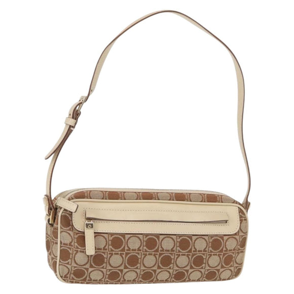 Salvatore Ferragamo Gancini Shoulder Bag Canvas Leather Beige Gold Auth BA7672
