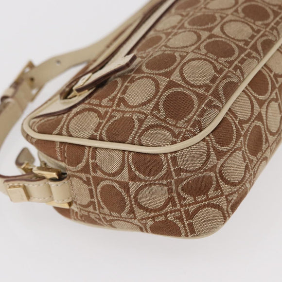 Salvatore Ferragamo Gancini Shoulder Bag Canvas Leather Beige Gold Auth BA7672