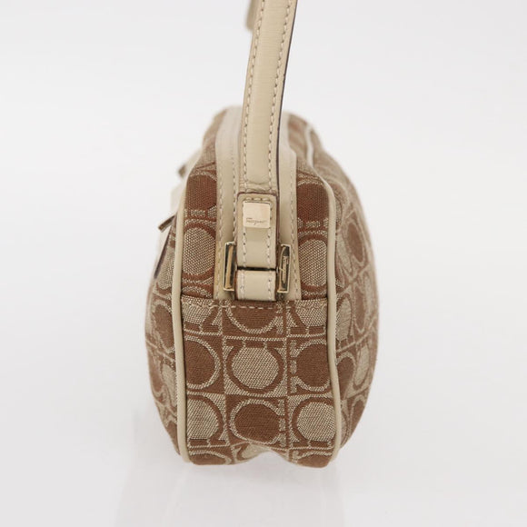 Salvatore Ferragamo Gancini Shoulder Bag Canvas Leather Beige Gold Auth BA7672