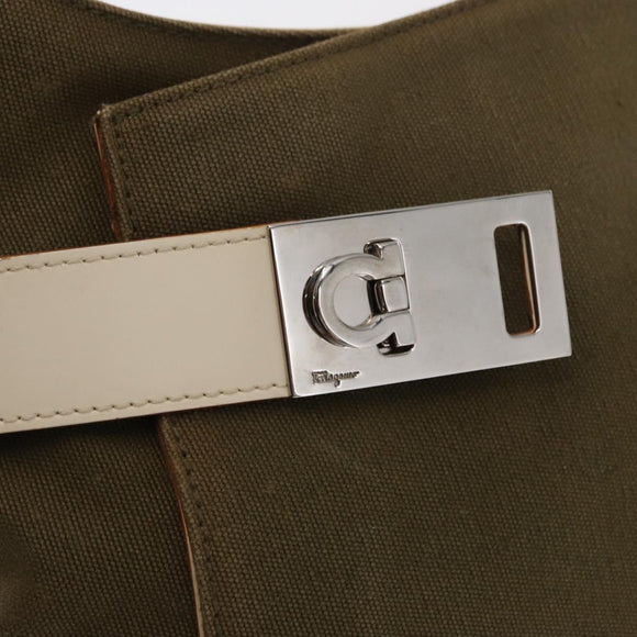 Salvatore Ferragamo Gancini Shoulder Bag Canvas Beige Silver Auth BA7674