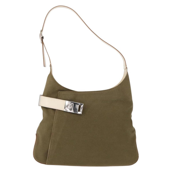 Salvatore Ferragamo Gancini Shoulder Bag Canvas Beige Silver Auth BA7674