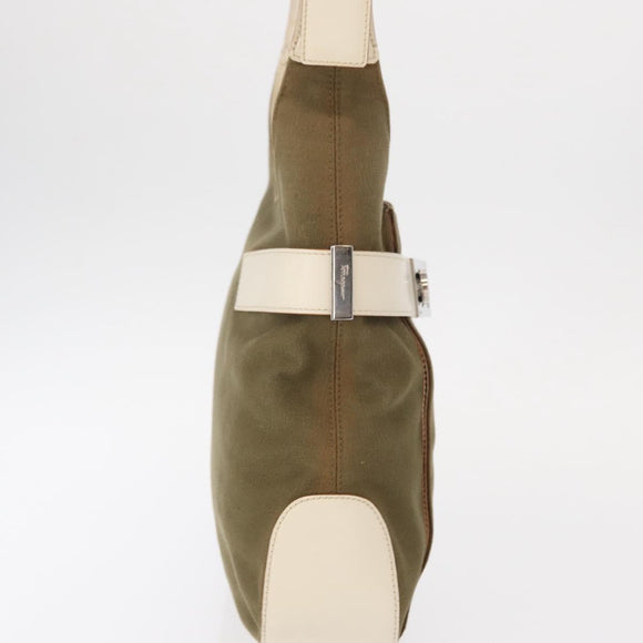 Salvatore Ferragamo Gancini Shoulder Bag Canvas Beige Silver Auth BA7674