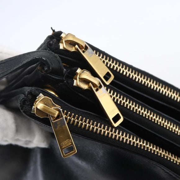 CELINE Trio Small Shoulder Bag Leather Black Gold Auth BA7683