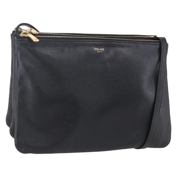 CELINE Trio Small Shoulder Bag Leather Black Gold Auth BA7683