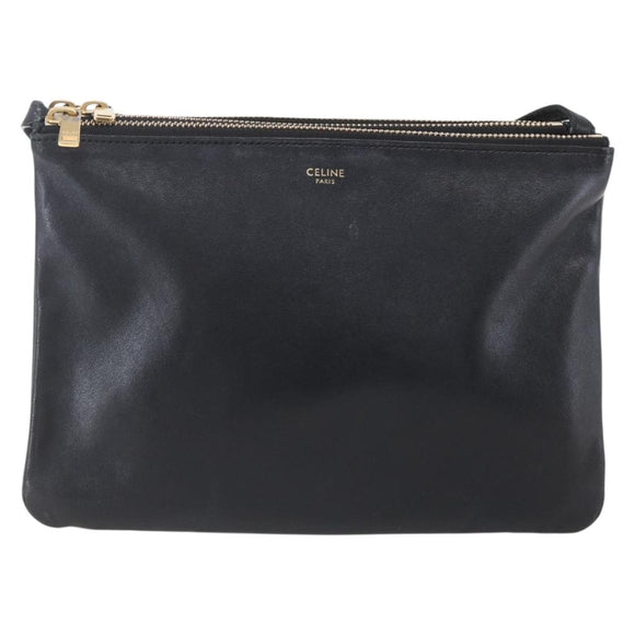 CELINE Trio Small Shoulder Bag Leather Black Gold Auth BA7683