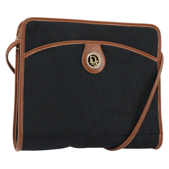 Christian Dior Trotter Canvas Shoulder Bag Black Gold Auth BA7699