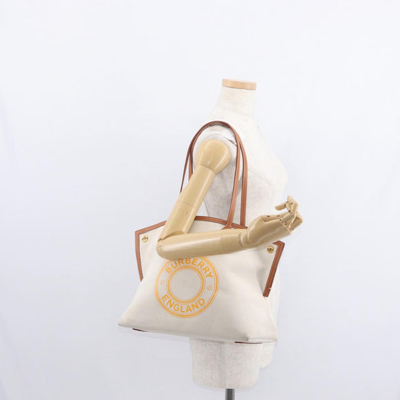 BURBERRY Tote Bag Canvas Leather White Gold Auth BA7702