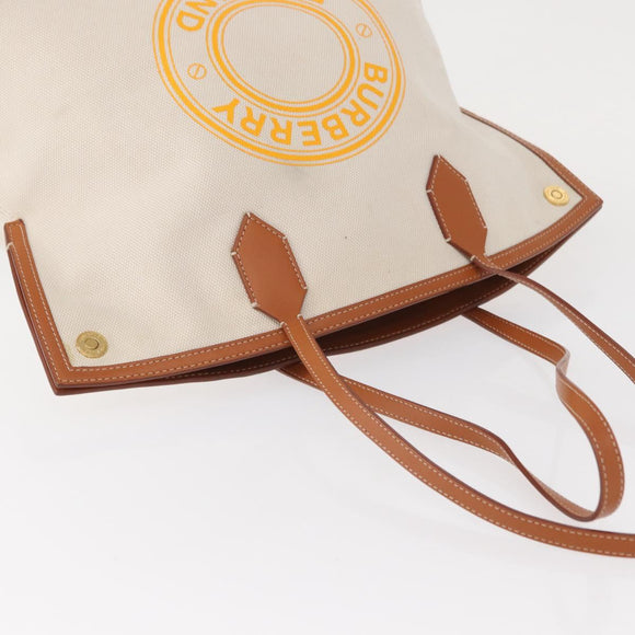 BURBERRY Tote Bag Canvas Leather White Gold Auth BA7702