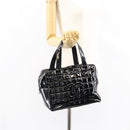 CHANEL Choco Bar Hand Bag Enamel Black Silver CC Auth BA7748-21