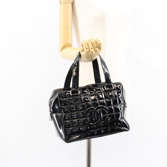 CHANEL Choco Bar Hand Bag Enamel Black Silver CC Auth BA7748