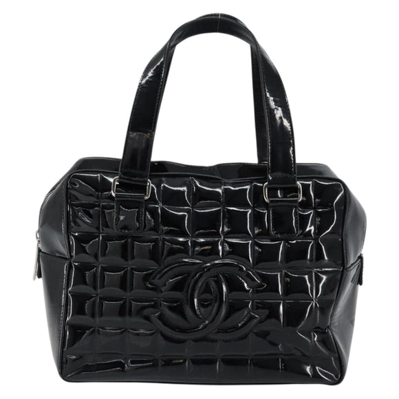 CHANEL Choco Bar Hand Bag Enamel Black Silver CC Auth BA7748