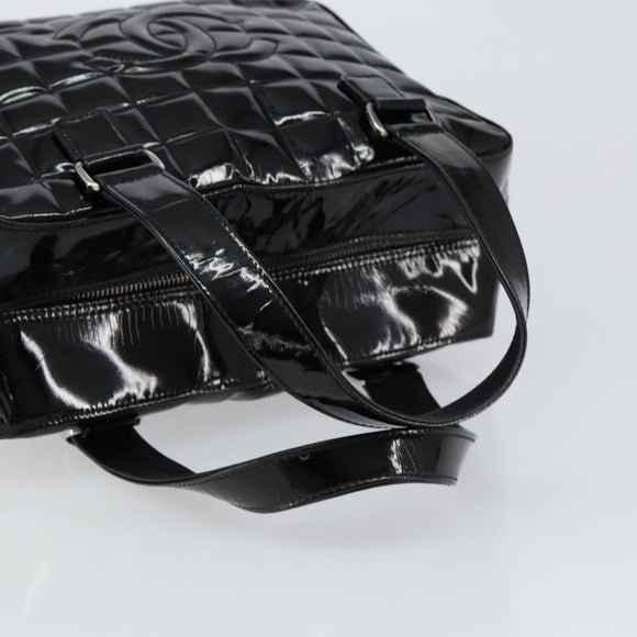 CHANEL Choco Bar Hand Bag Enamel Black Silver CC Auth BA7748
