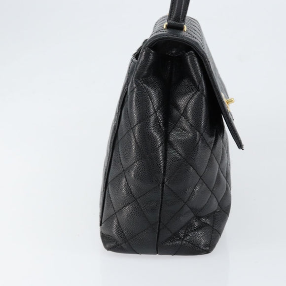 CHANEL Hand Bag Caviar Skin Black Gold CC Auth BA7750