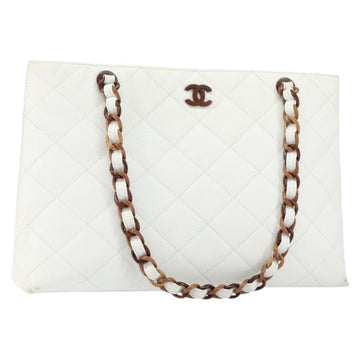 CHANEL Tote Bag Caviar Skin White Gold CC Auth BA7751