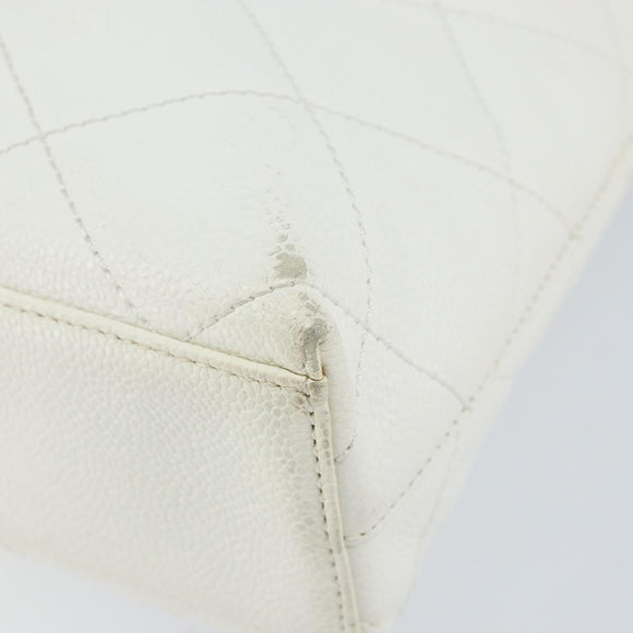 CHANEL Tote Bag Caviar Skin White Gold CC Auth BA7751