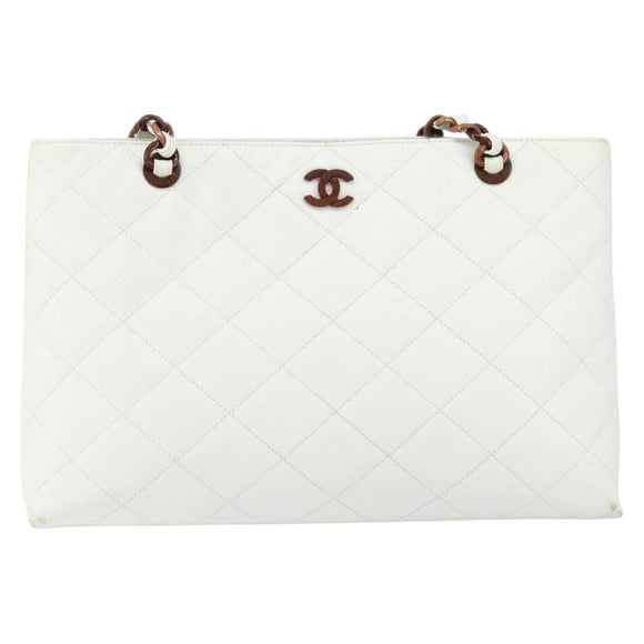CHANEL Tote Bag Caviar Skin White Gold CC Auth BA7751