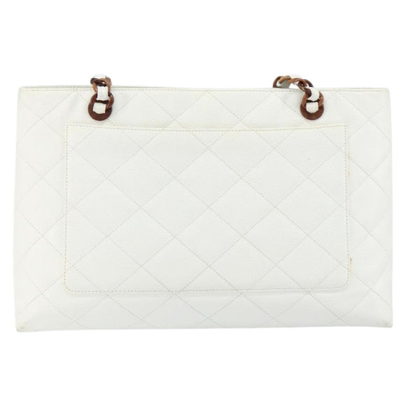 CHANEL Tote Bag Caviar Skin White Gold CC Auth BA7751