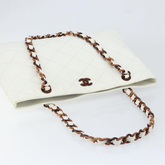 CHANEL Tote Bag Caviar Skin White Gold CC Auth BA7751