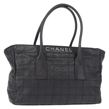 CHANEL Choco Bar Tote Bag Leather Black Silver CC Auth BA7753
