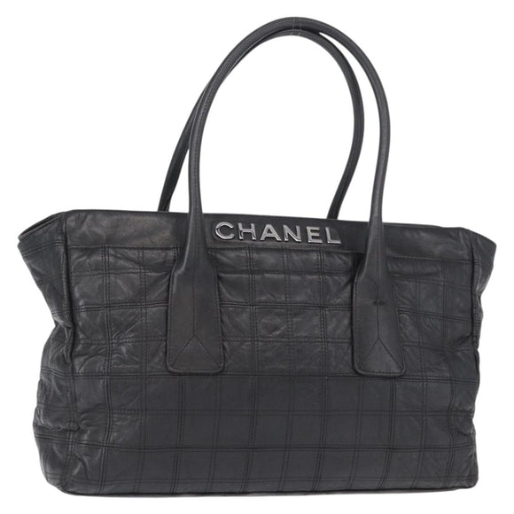 CHANEL Choco Bar Tote Bag Leather Black Silver CC Auth BA7753