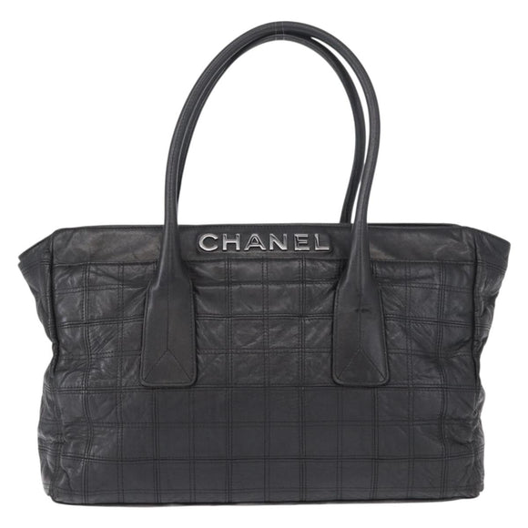 CHANEL Choco Bar Tote Bag Leather Black Silver CC Auth BA7753