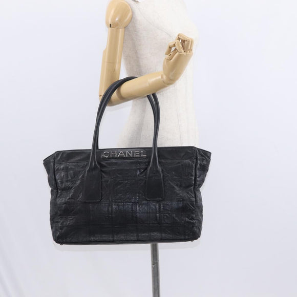 CHANEL Choco Bar Tote Bag Leather Black Silver CC Auth BA7753