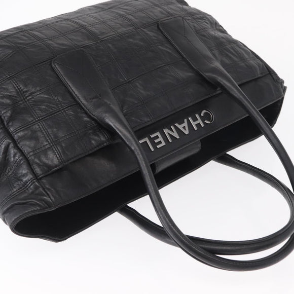 CHANEL Choco Bar Tote Bag Leather Black Silver CC Auth BA7753