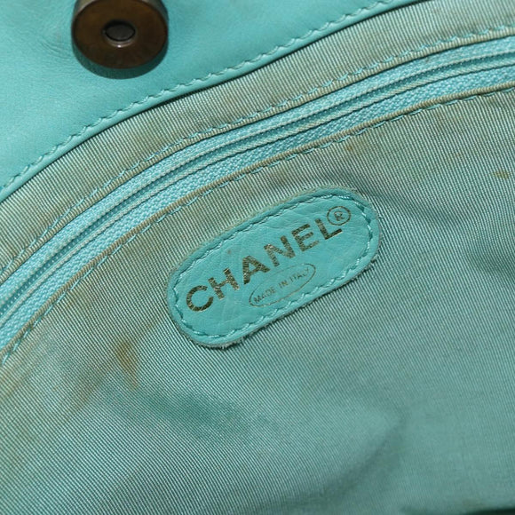 CHANEL Tote Bag Lamb Skin Turquoise Blue CC Auth BA7754