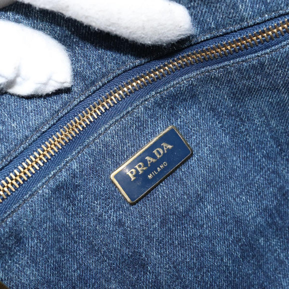 PRADA Canapa MM Hand Bag Denim Blue Gold Auth BA7761